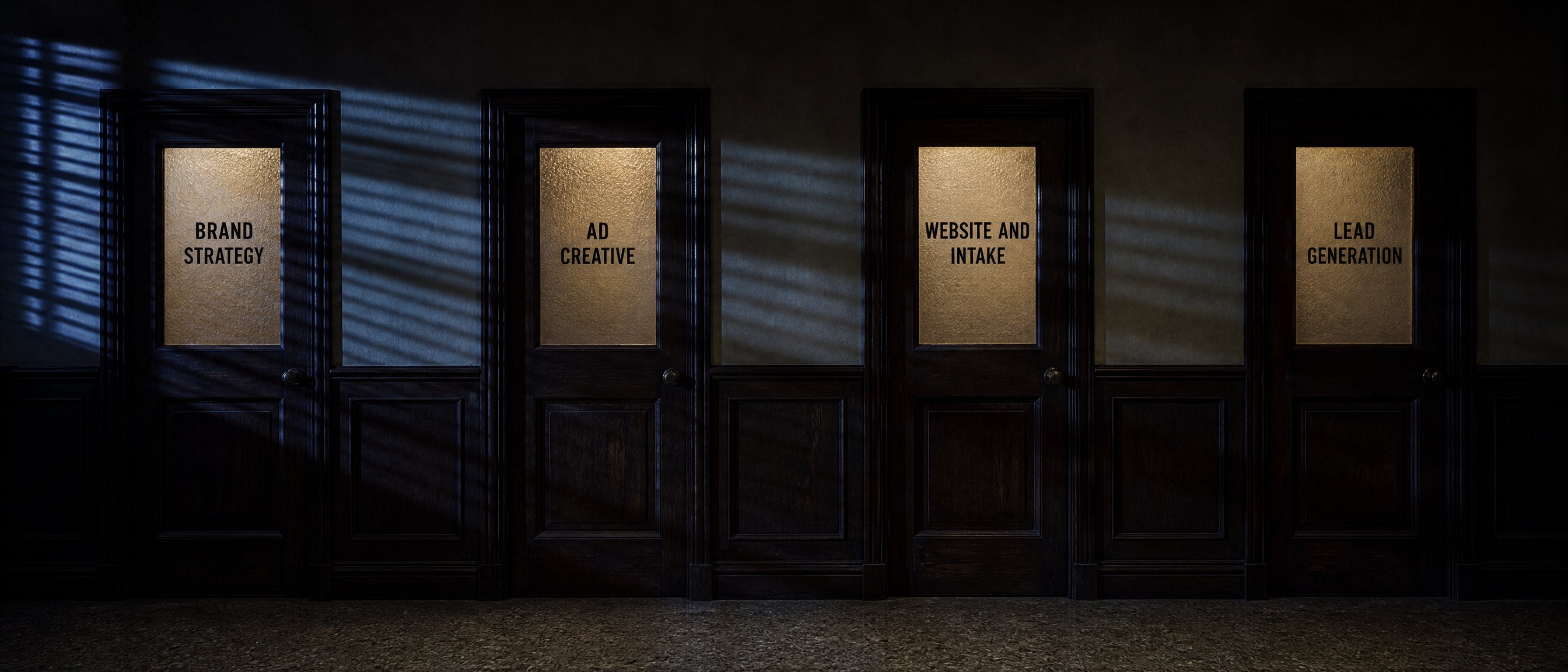 A dim 1950s office corridor, four dark oak doors with obscure glass panels painted in black: Brand strategy, Ad creative, Website and intake, Lead generation